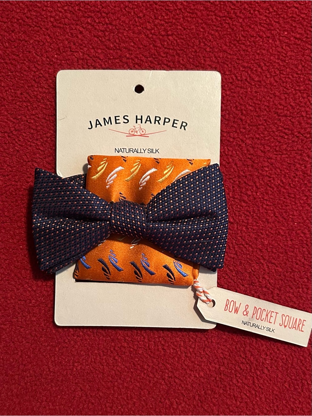 NWT James Harper Navy Bow Tie with Orange Pocket Square